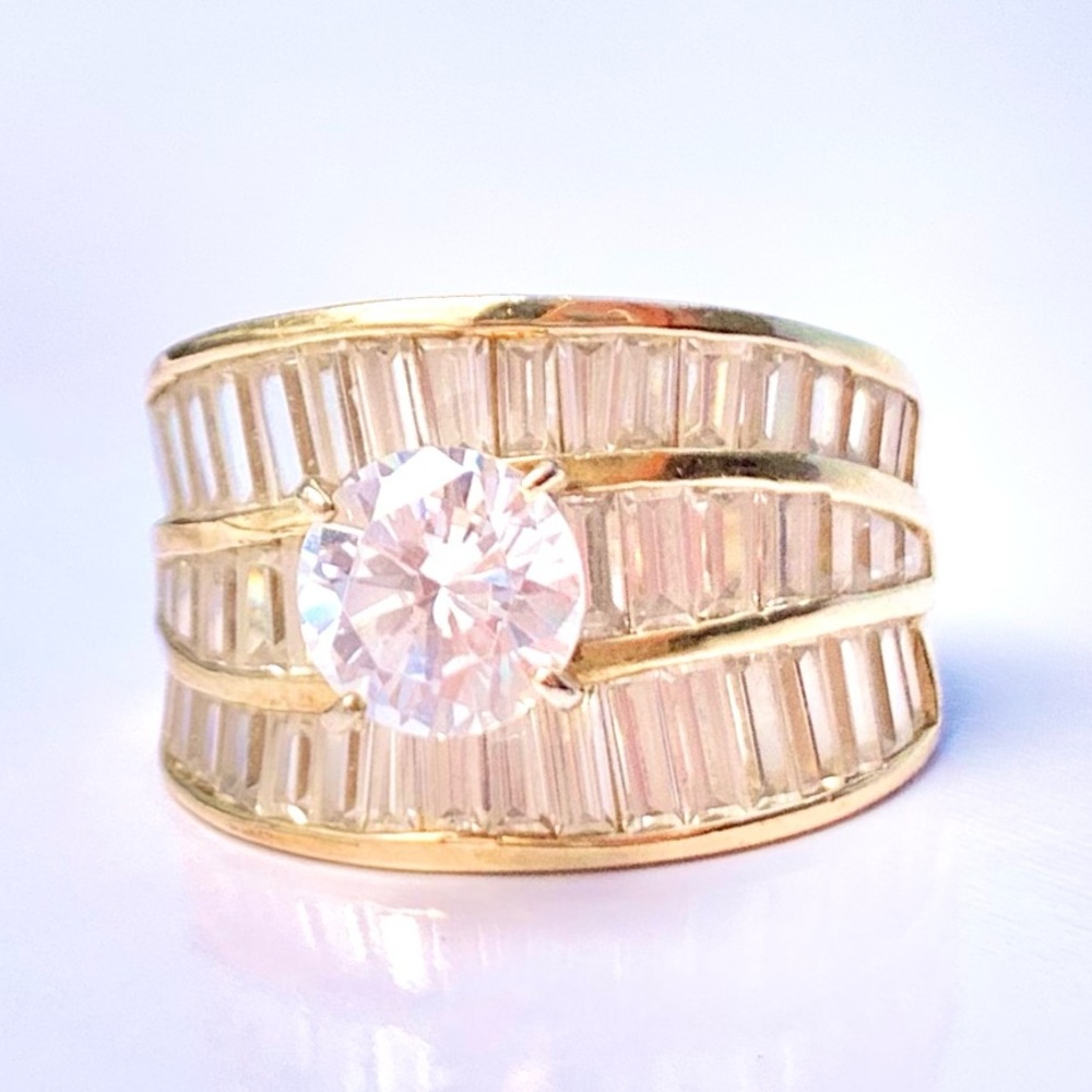 CZ Round & Baguettes Gold Over 925 Sterling Silver Wide Band Ring Sz 7.25